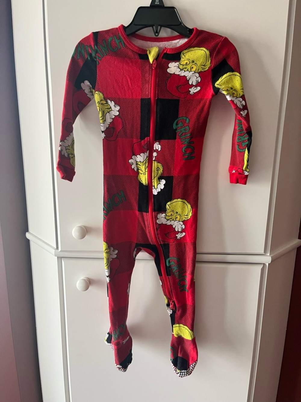 The Grinch Kids' Red Plaid One-Piece Footed Pajamas